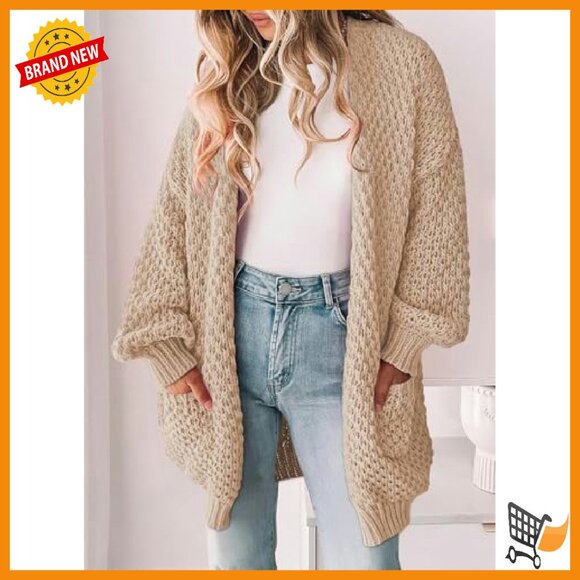 Oversized Chunky Knit Cardigan with Lantern Sleeves and Pockets - Picture 3 of 8